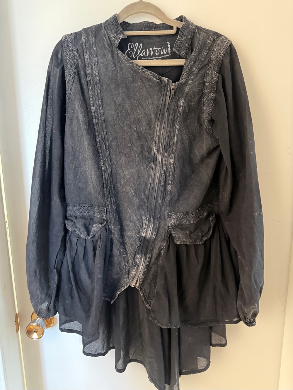 Elfarow Apparel Black Acid Wash Cotton Lagenlook Boho Gothic Tunic Jacket M